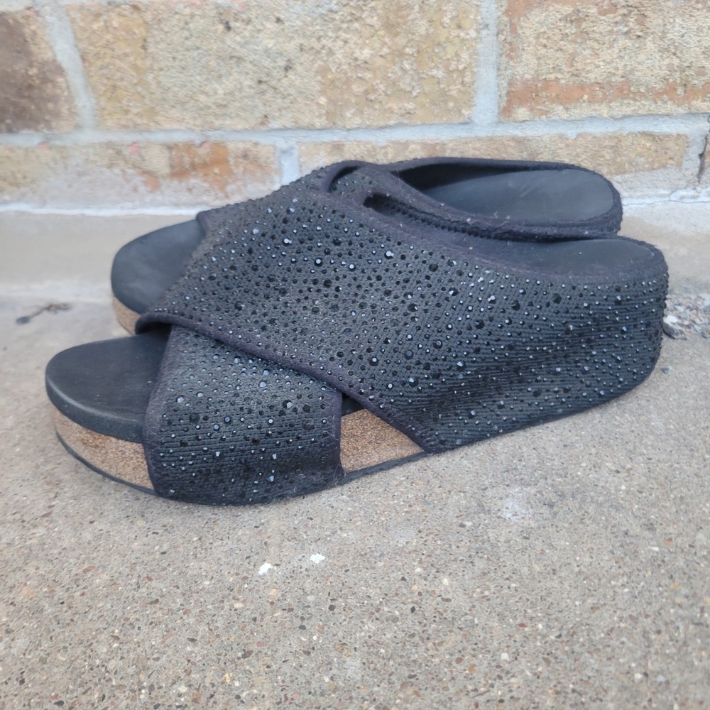Volatile Sandals Women Size 9 Black Rhinestone Crisscross Platform Wedge Slides